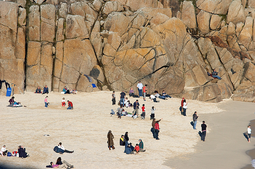 county of cornwall. shadow of the cliff at Porthcurno beach