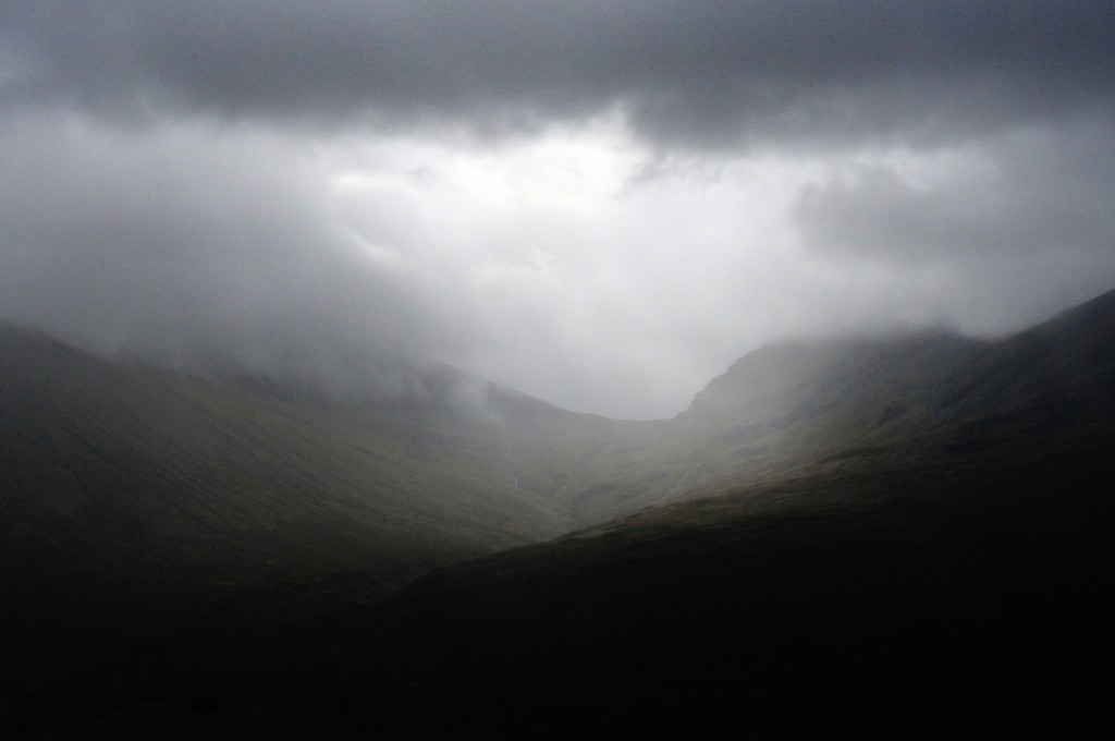 Rain over highlands mountains near Bridge of Orchy, Scotland