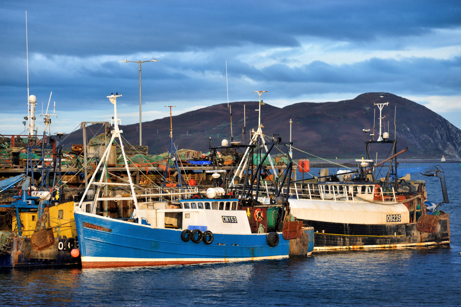 fishing boats moored in harbour with evening light at Campbeltown, Scotland